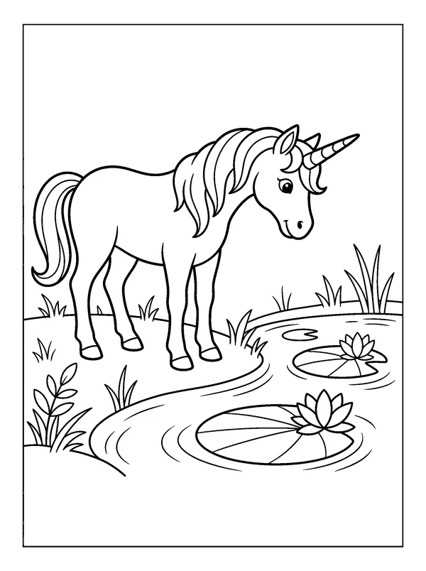Unicorn by the Lily Pond — printable black-and-white coloring sheet