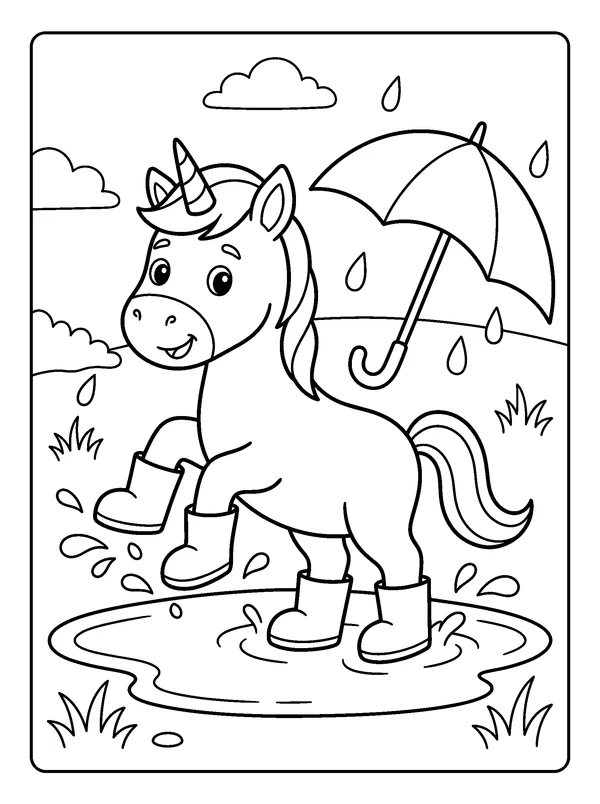 Unicorn Rainy-Day Puddle — printable black-and-white coloring sheet