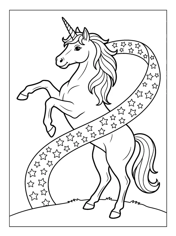Unicorn Star Dance — printable black-and-white coloring sheet