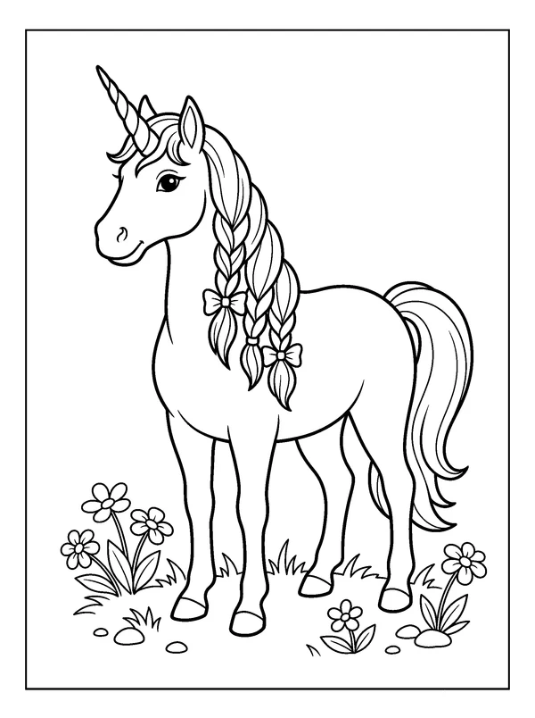 Unicorn Ribbon Mane — printable black-and-white coloring sheet