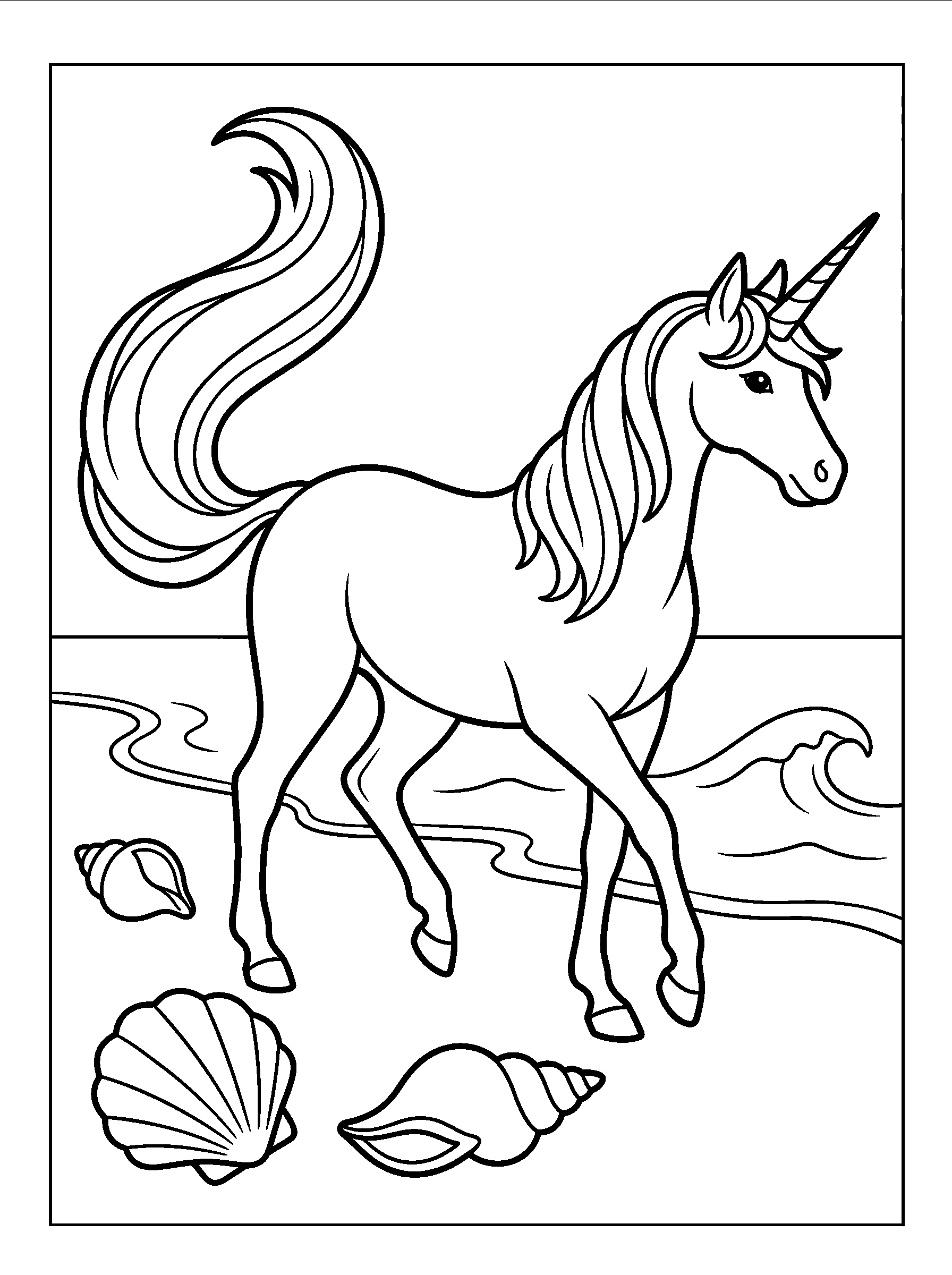Unicorn by the Shore — full black-and-white printable coloring page