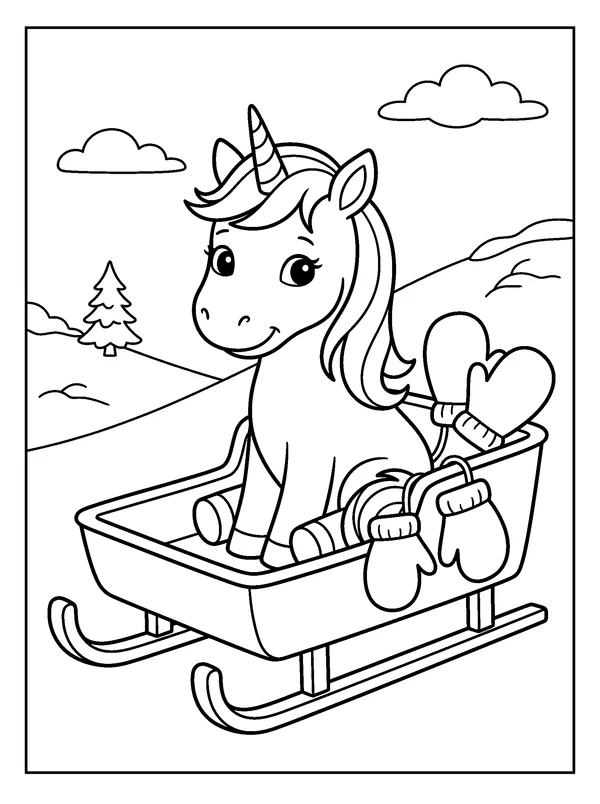 Unicorn Snow Sled — printable black-and-white coloring sheet