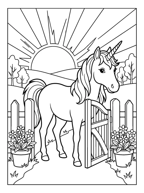 Unicorn at the Garden Gate — printable black-and-white coloring sheet