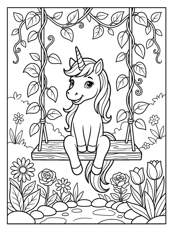 Unicorn Garden Swing — printable black-and-white coloring sheet