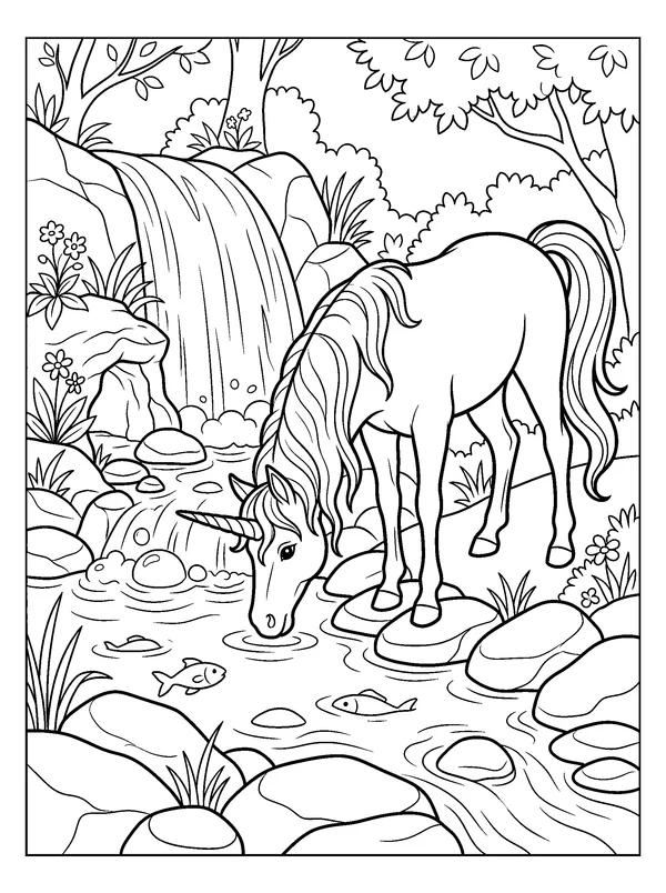 Unicorn at the Waterfall — printable black-and-white coloring sheet
