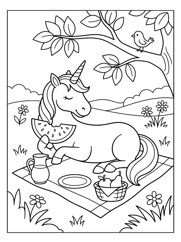 Unicorn Summer Picnic — printable black-and-white coloring sheet