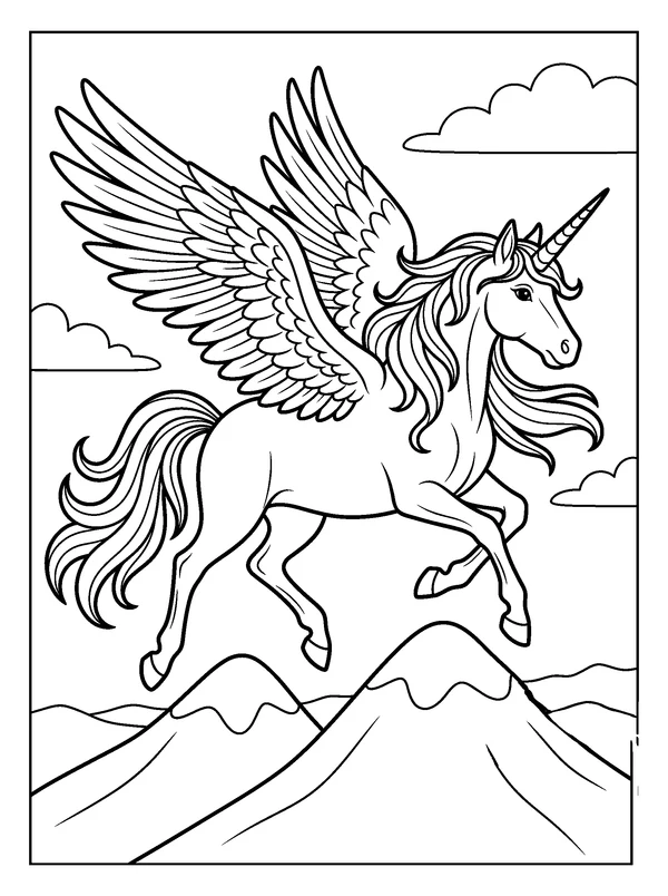 Winged Unicorn Flight — printable black-and-white coloring sheet