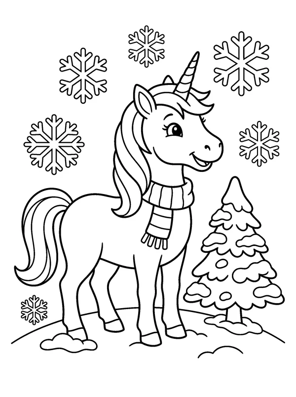 Unicorn in a Winter Scarf — printable black-and-white coloring sheet