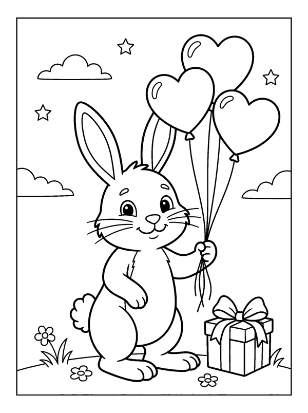 Bunny with Heart Balloons — printable black-and-white coloring sheet
