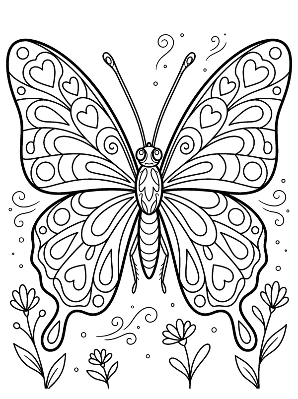 Butterfly with Heart-Shaped Wing Patterns — printable black-and-white coloring sheet