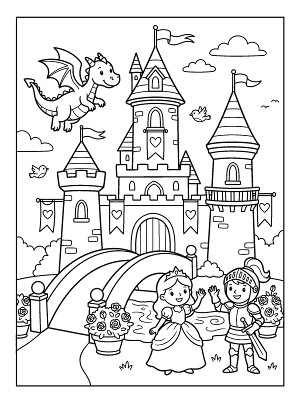 Castle with Heart Banners — printable black-and-white coloring sheet
