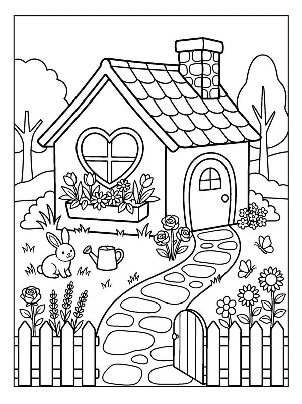 Cottage with a Heart Window — printable black-and-white coloring sheet