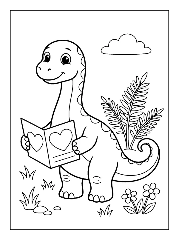 Dinosaur Holding a Heart Card — printable black-and-white coloring sheet