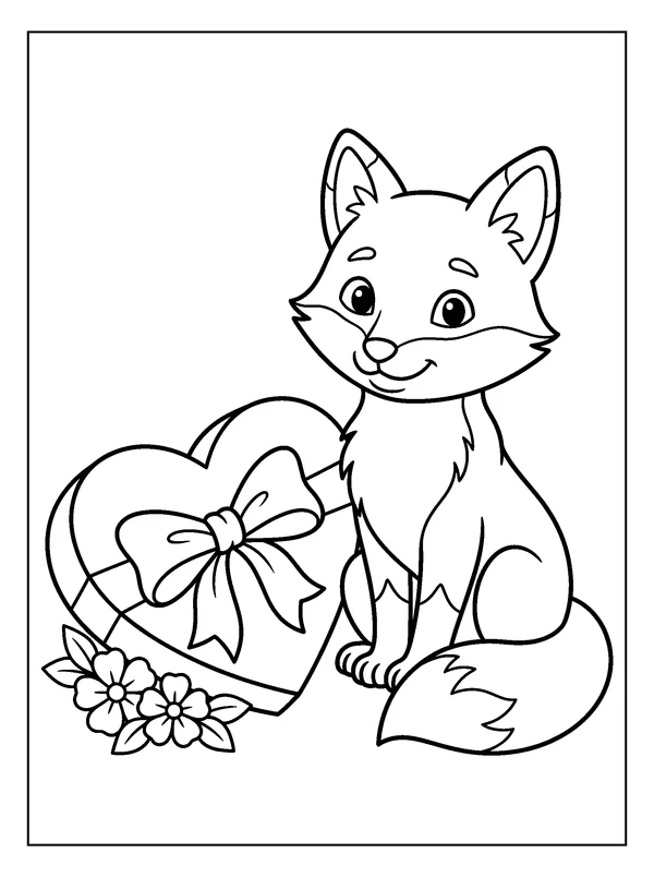 Fox Delivering a Heart Gift — printable black-and-white coloring sheet