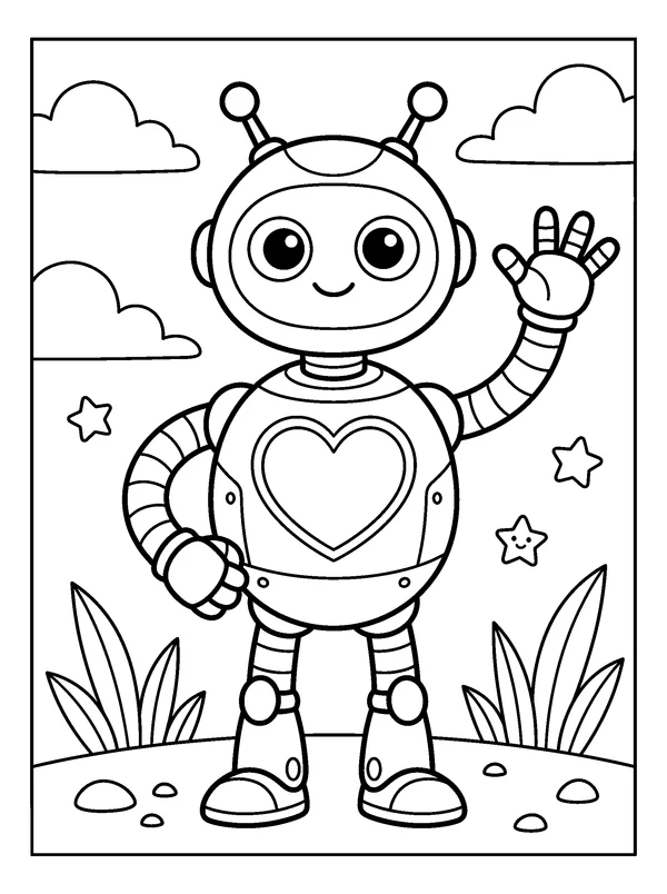 Friendly Robot with a Heart Panel — printable black-and-white coloring sheet