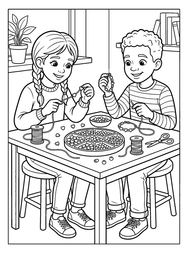 Friends Making Heart Bracelets — printable black-and-white coloring sheet