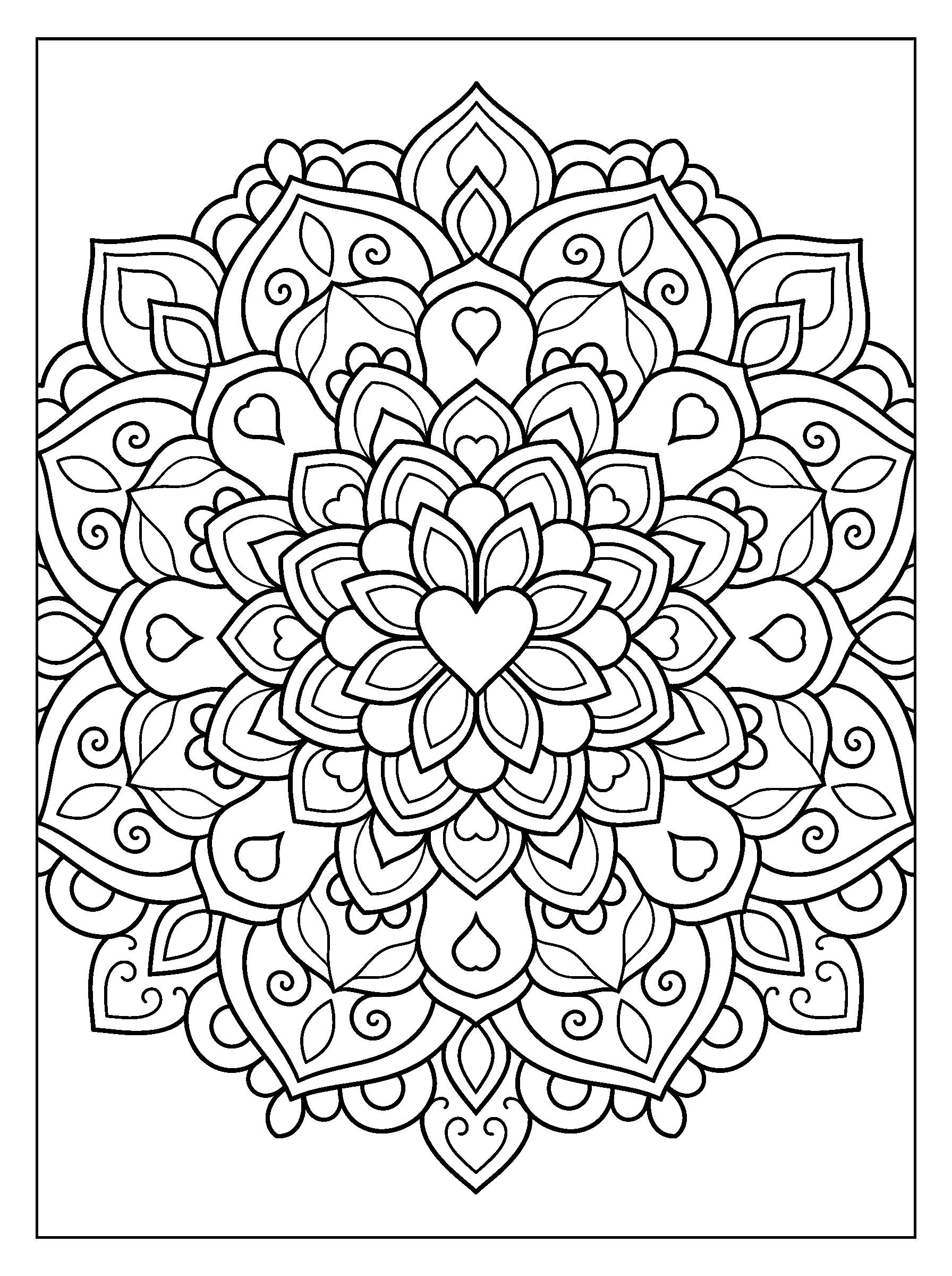 Heart and Petal Mandala — full black-and-white printable coloring page