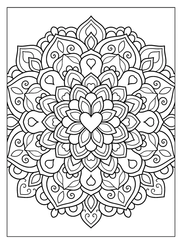 Heart and Petal Mandala — printable black-and-white coloring sheet