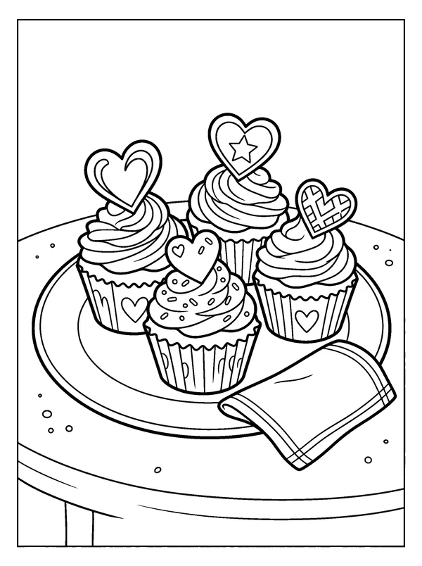 Heart Cupcakes on a Plate — printable black-and-white coloring sheet