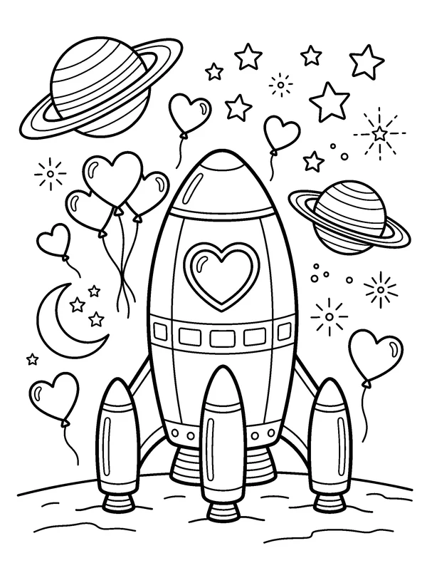 Heart Rocket in a Planet Garden — printable black-and-white coloring sheet