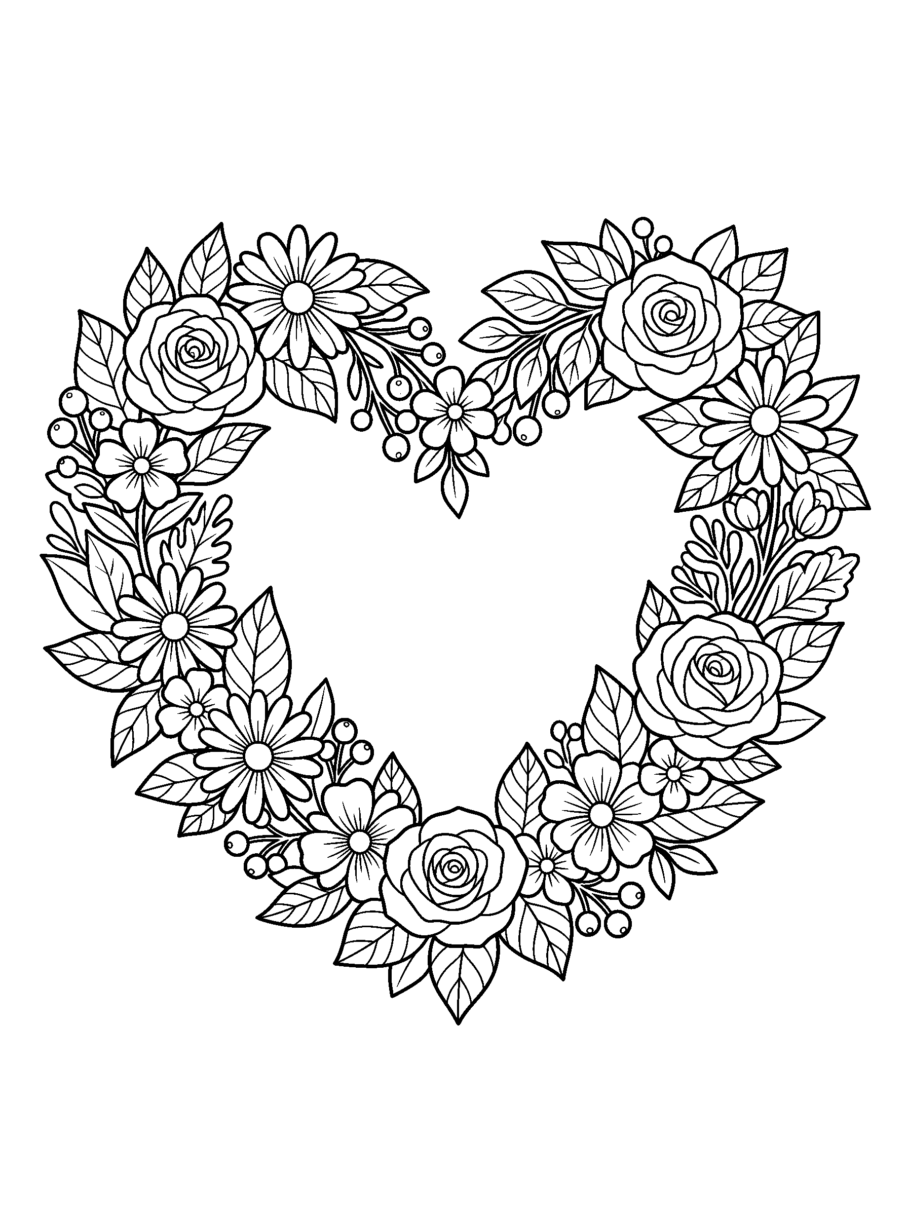 Heart-Shaped Flower Wreath — full black-and-white printable coloring page