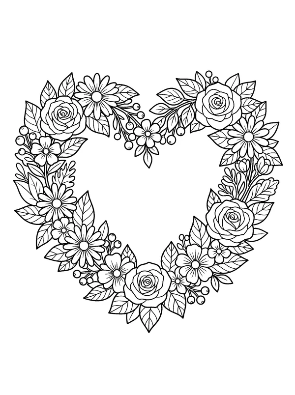 Heart-Shaped Flower Wreath — printable black-and-white coloring sheet