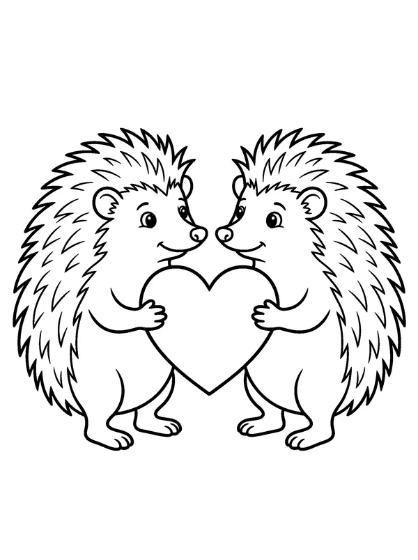 Hedgehogs with a Shared Heart — printable black-and-white coloring sheet