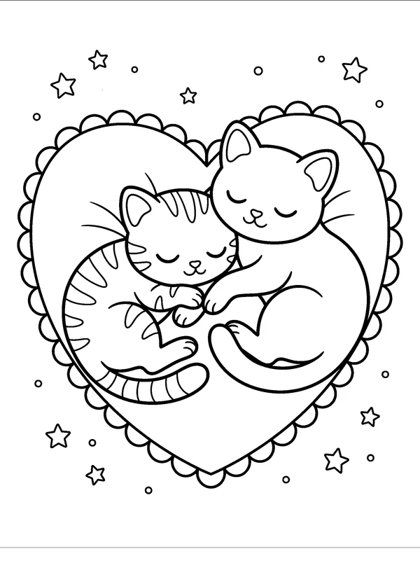 Kittens on a Heart Cushion — printable black-and-white coloring sheet