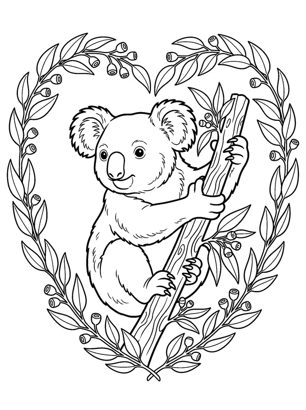 Koala in a Heart Leaf Wreath — printable black-and-white coloring sheet
