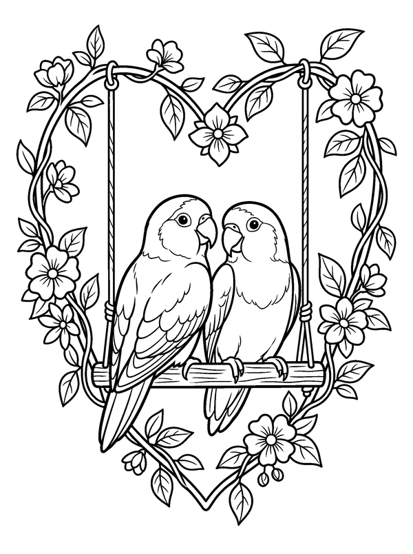 Lovebirds on a Flower Swing — printable black-and-white coloring sheet