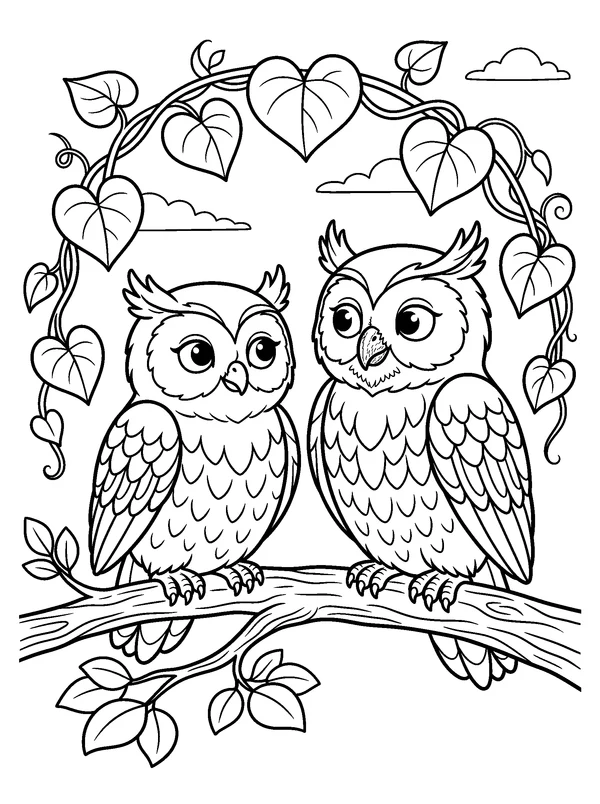 Owls on a Heart-Vine Branch — printable black-and-white coloring sheet