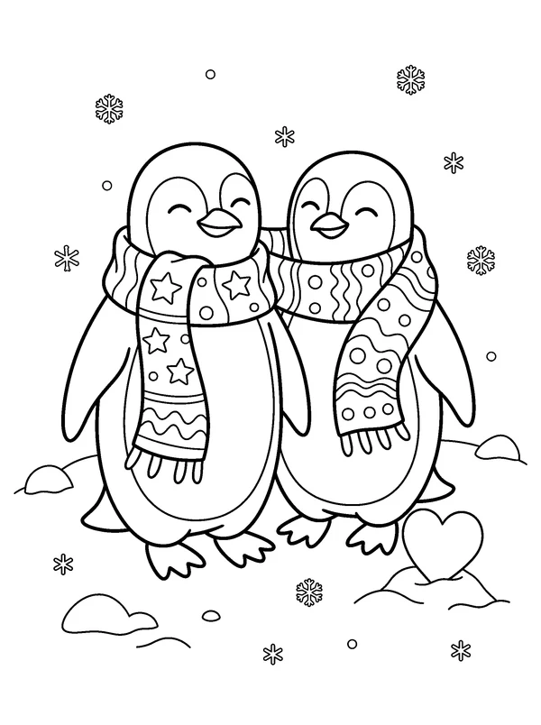 Penguins Sharing a Scarf — printable black-and-white coloring sheet