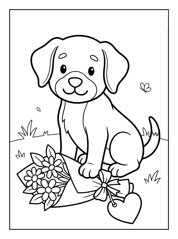 Puppy Carrying a Flower Bouquet — printable black-and-white coloring sheet