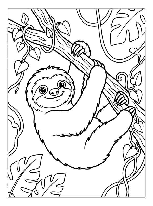 Sloth in the Heart Vines — printable black-and-white coloring sheet