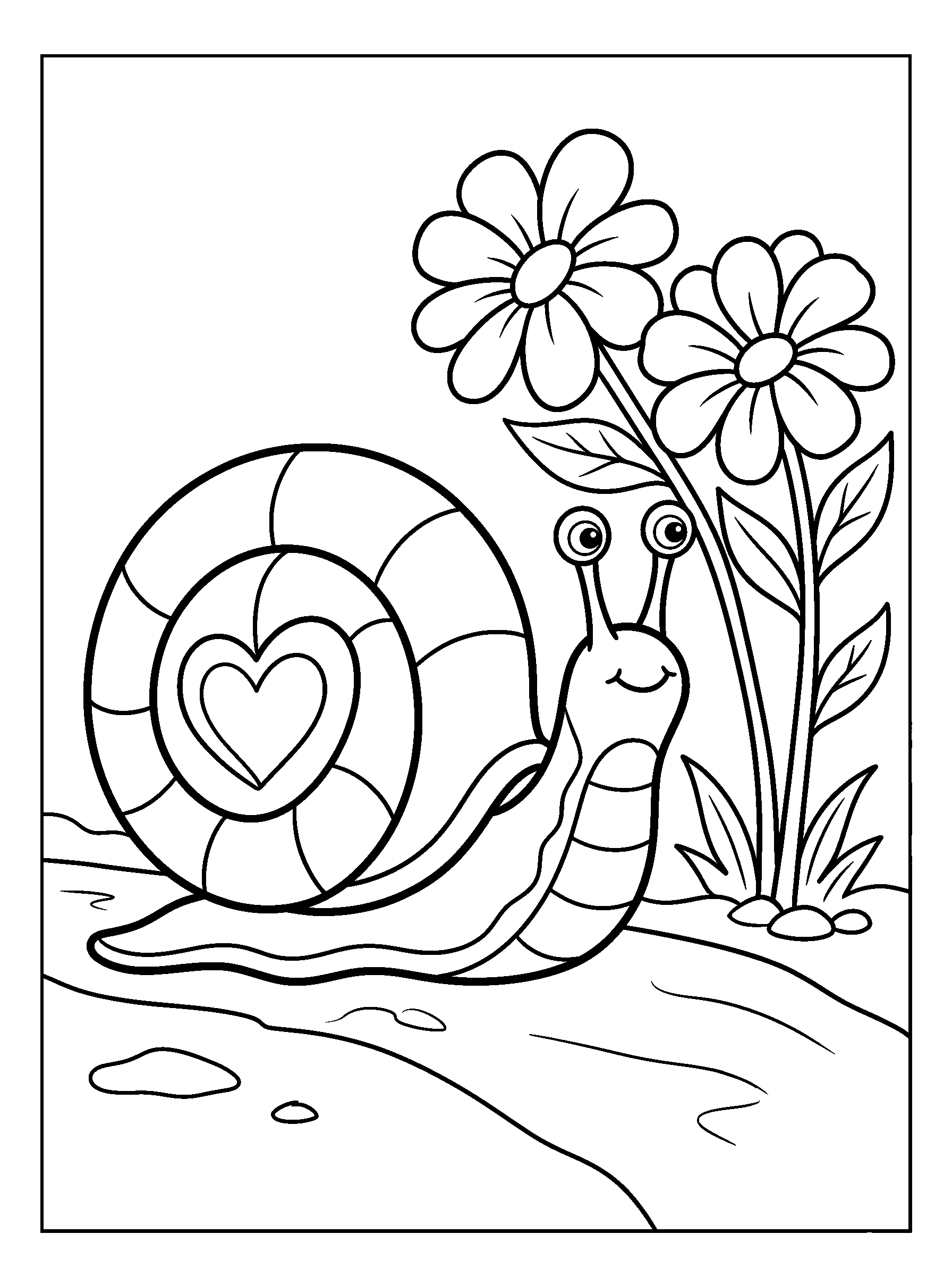 Snail with a Heart Shell Pattern — full black-and-white printable coloring page