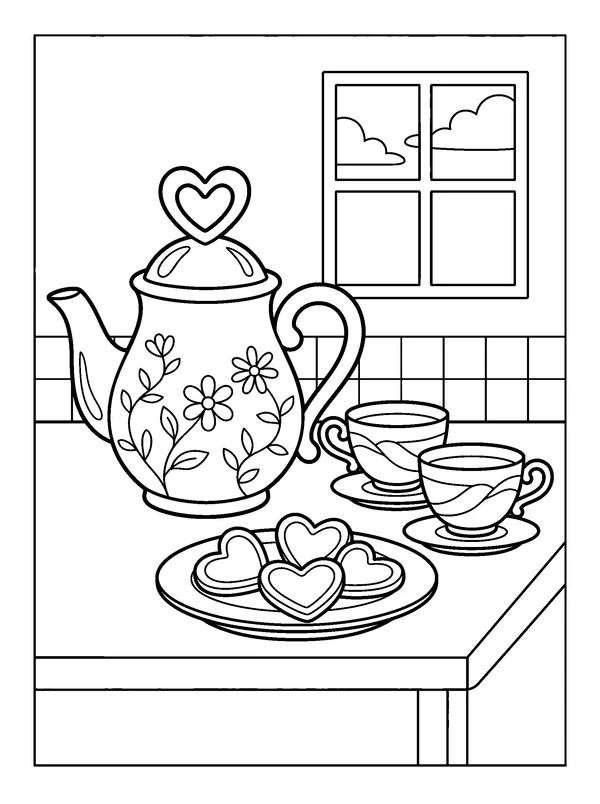 Teapot and Heart Cookies — printable black-and-white coloring sheet