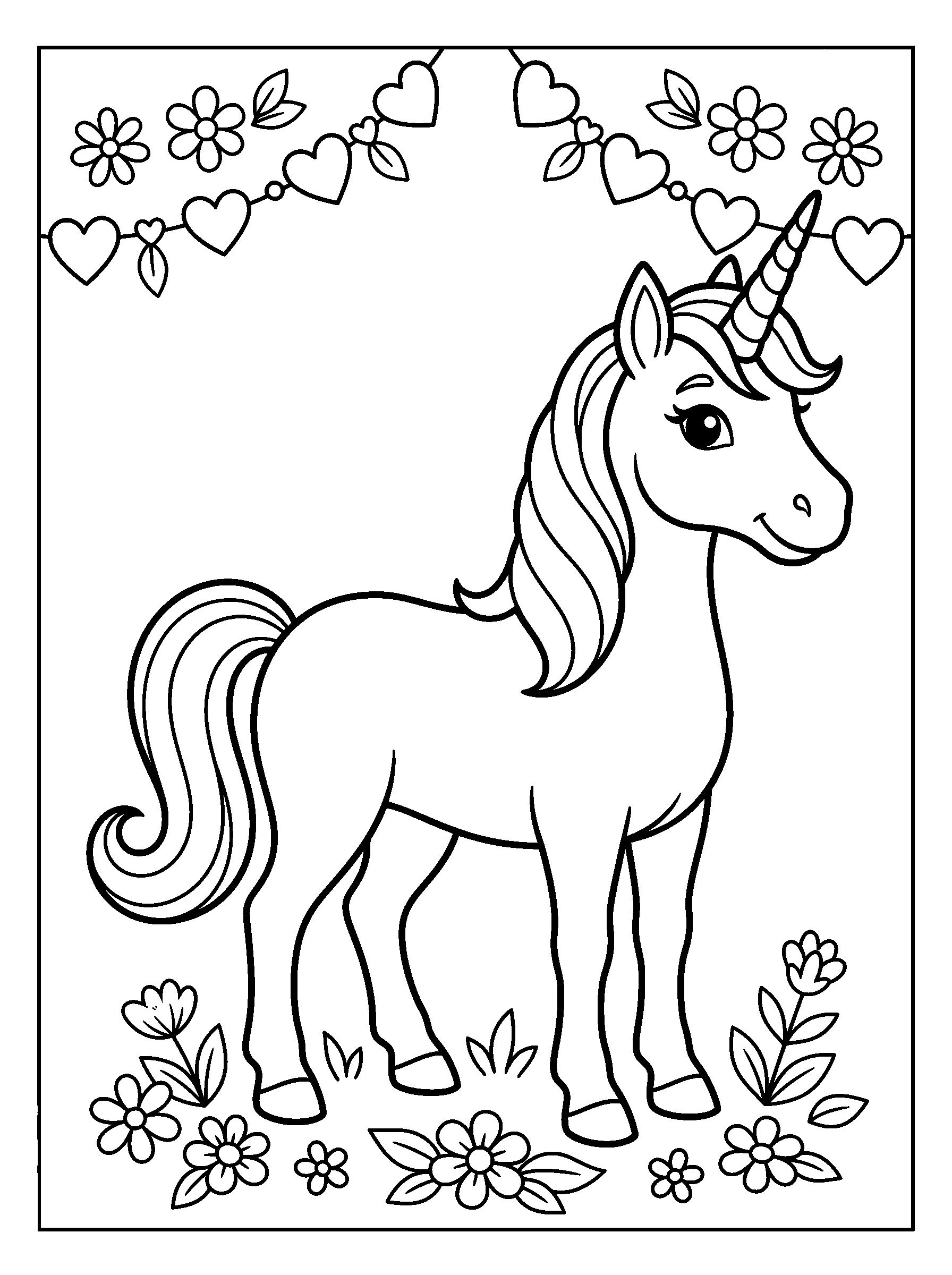 Unicorn Beside a Heart Garland — full black-and-white printable coloring page