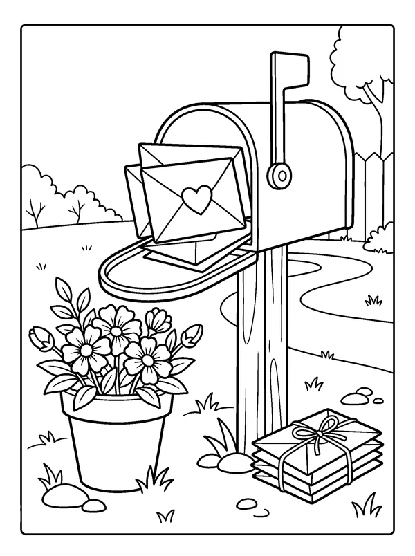 Valentine Mailbox with Letters — printable black-and-white coloring sheet
