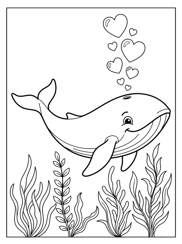 Whale Blowing Heart Bubbles — printable black-and-white coloring sheet