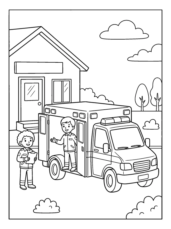 Ambulance Arrival — printable black-and-white coloring sheet