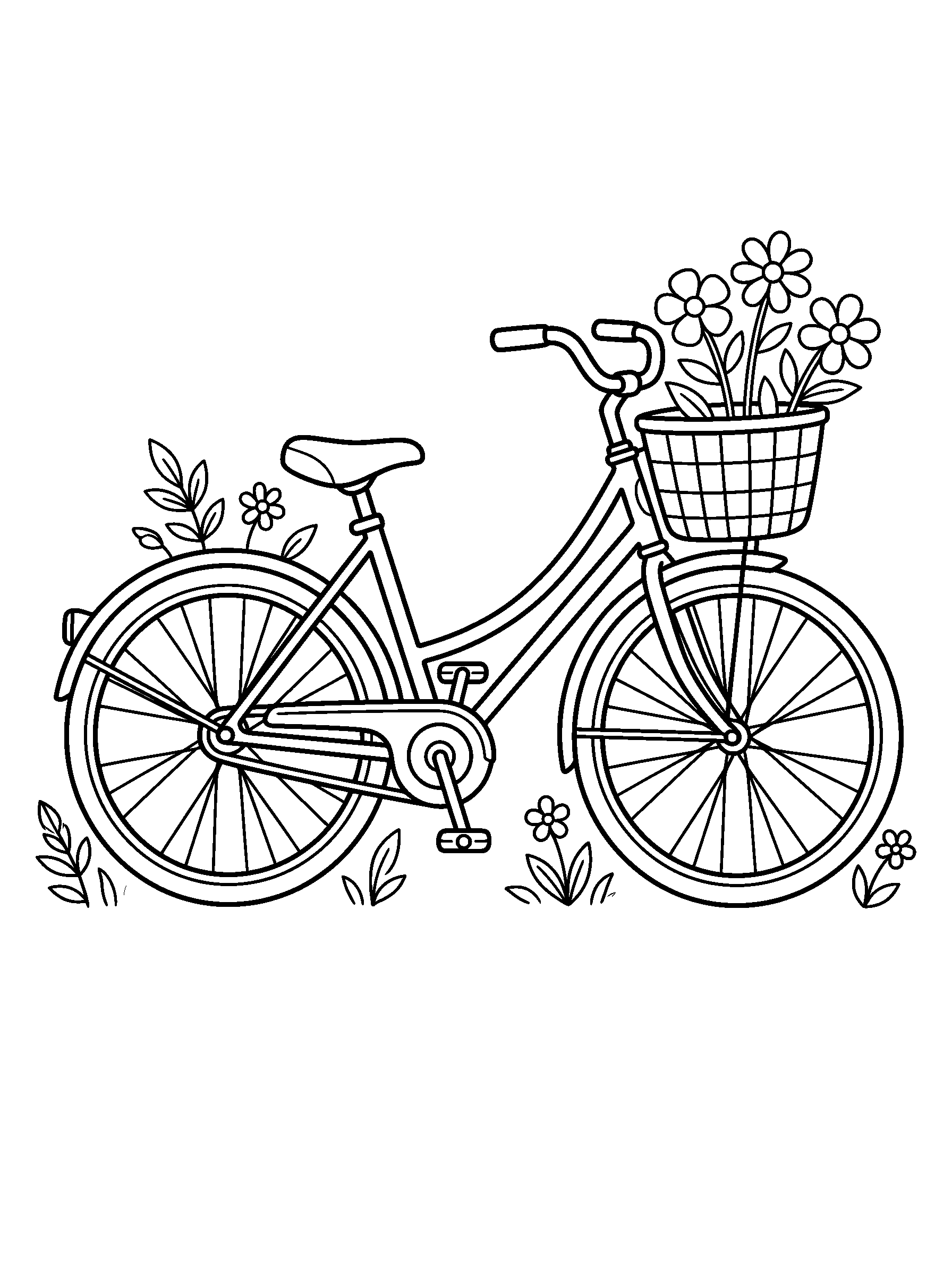 Bicycle with a Flower Basket — full black-and-white printable coloring page