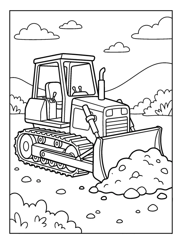 Bulldozer Push — printable black-and-white coloring sheet