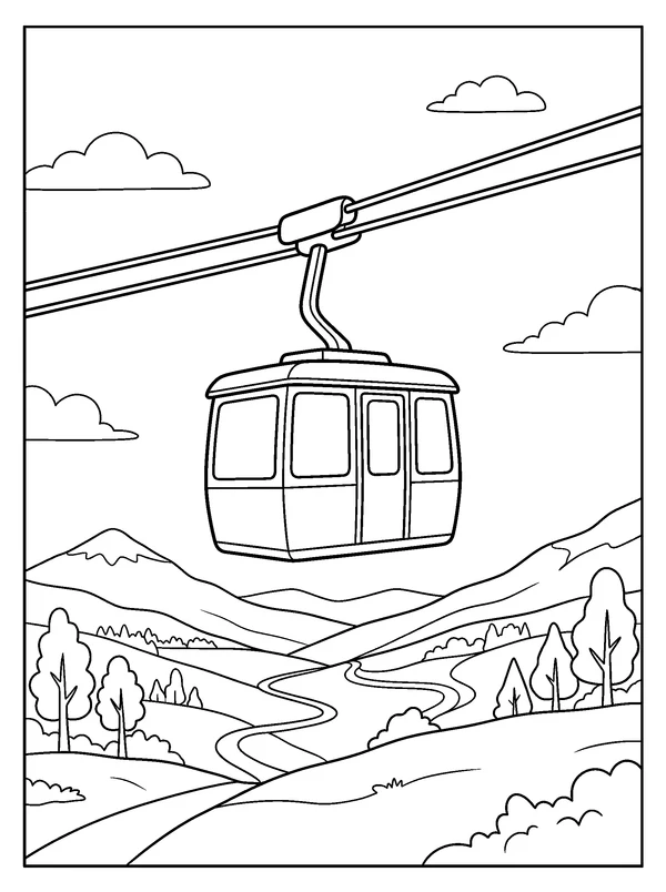 Cable Car above the Valley — printable black-and-white coloring sheet