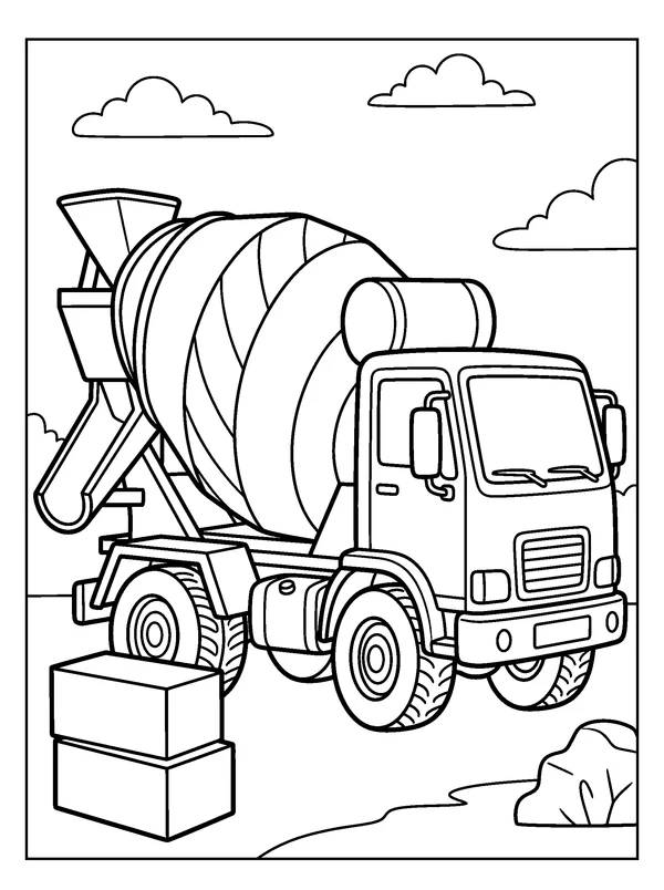 Cement Mixer at Work — printable black-and-white coloring sheet