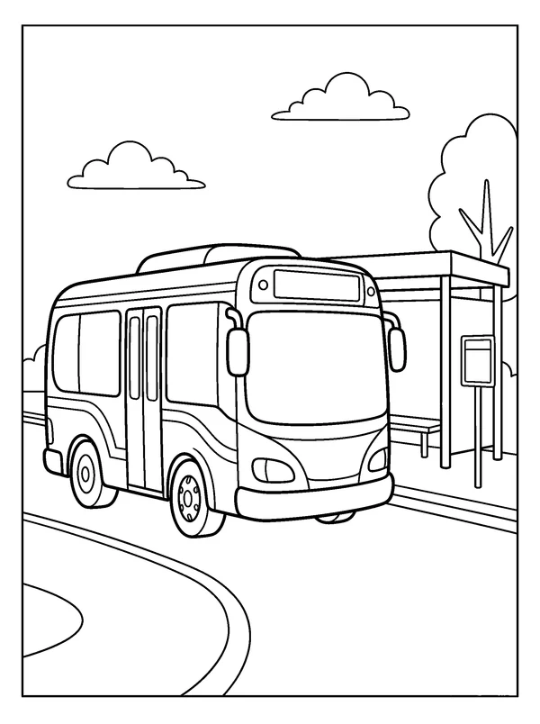 City Bus at the Stop — printable black-and-white coloring sheet