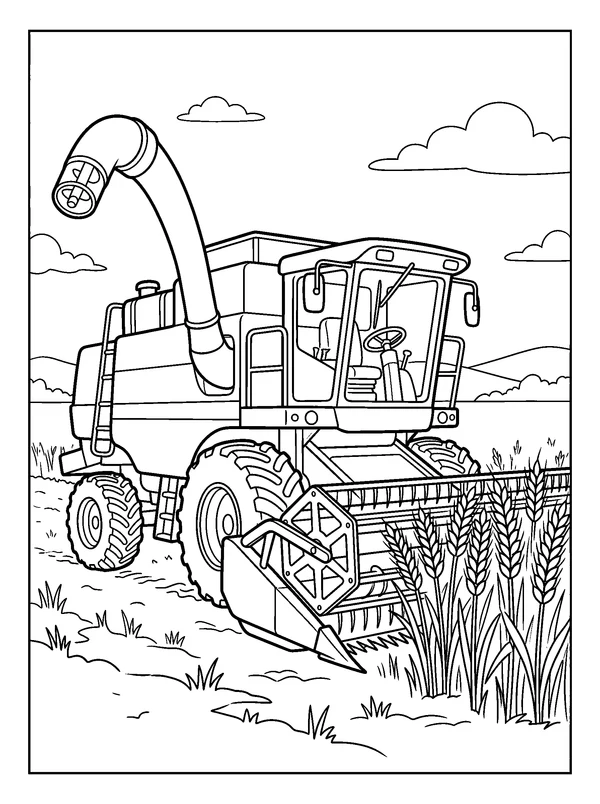 Combine in the Wheat Field — printable black-and-white coloring sheet