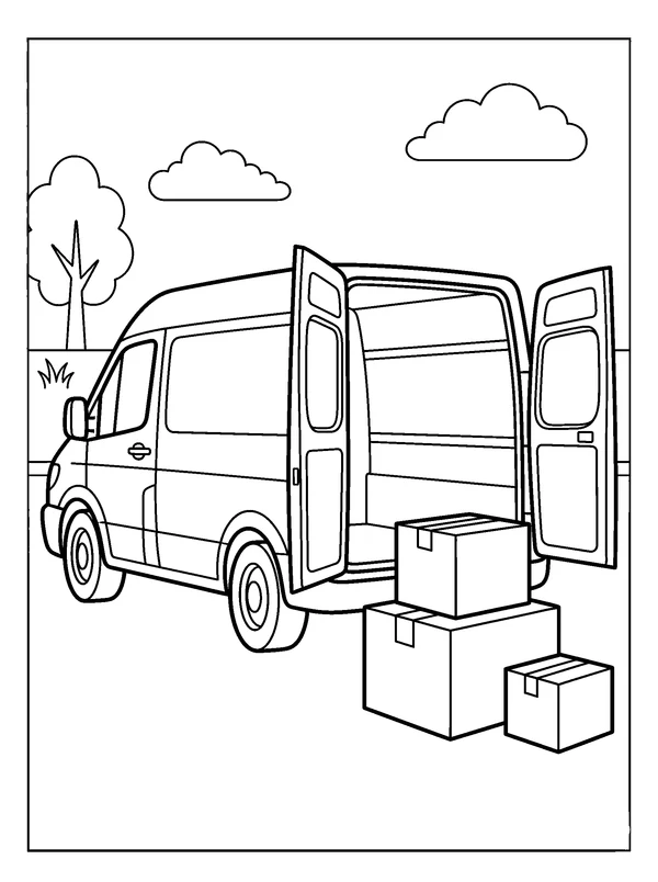 Delivery Van and Parcels — printable black-and-white coloring sheet