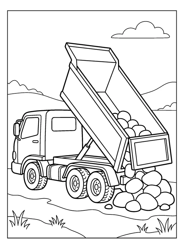 Dump Truck Unloading — printable black-and-white coloring sheet