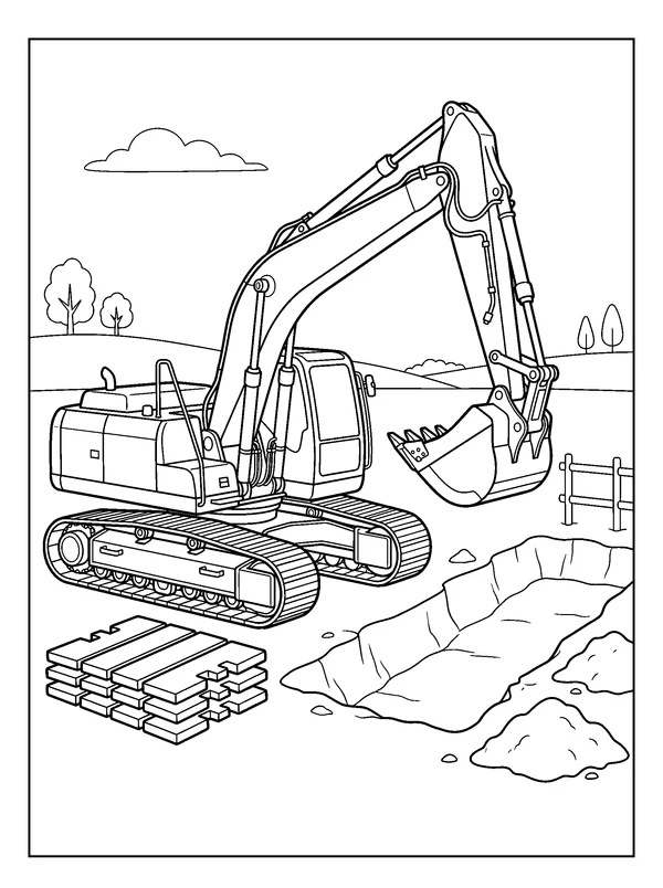 Excavator Digging — printable black-and-white coloring sheet