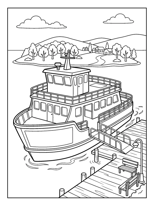 Ferry at the Island Dock — printable black-and-white coloring sheet